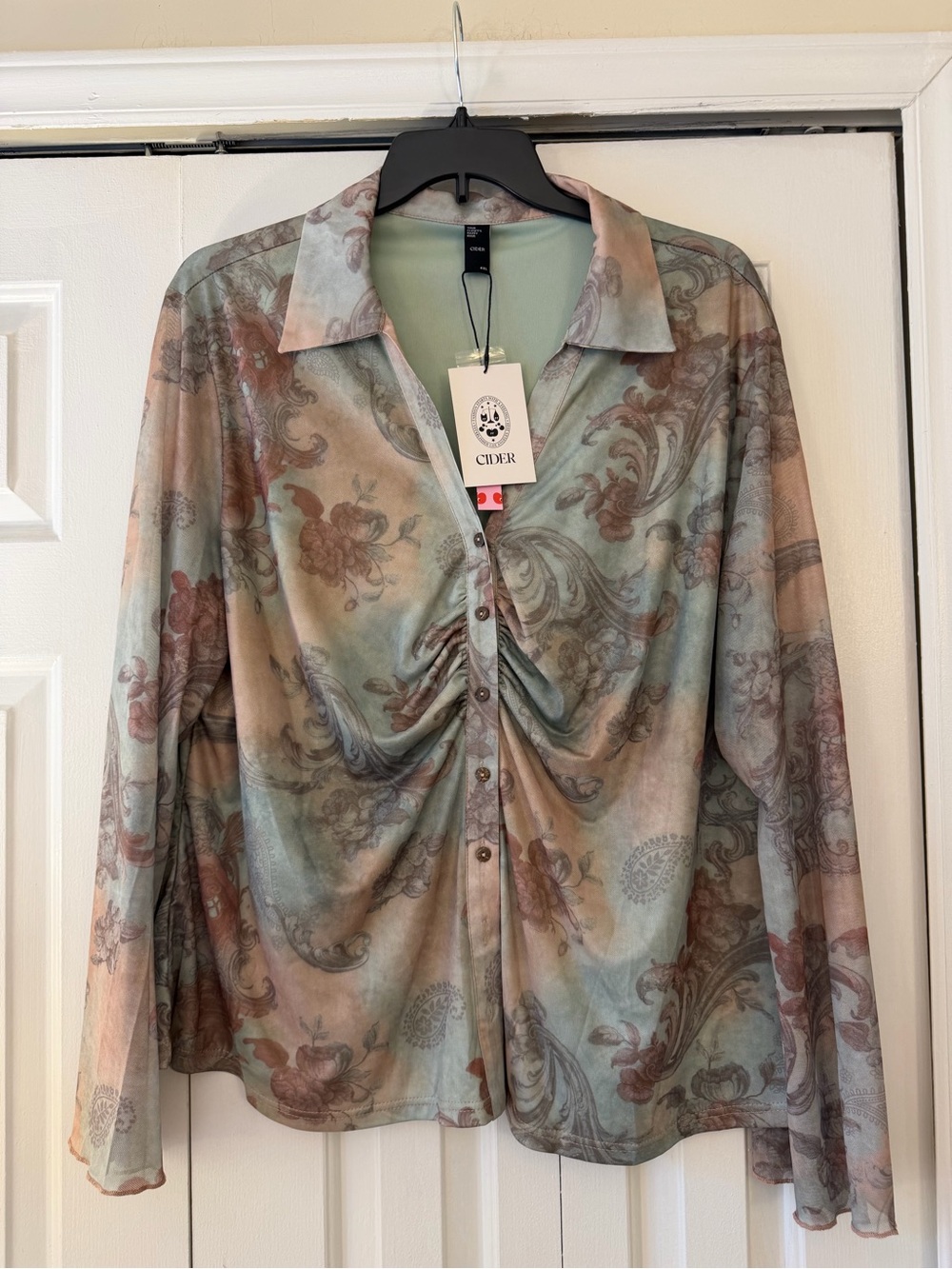 Cider Ruched Button-Front Blouse in Sage and Dusty Rose
